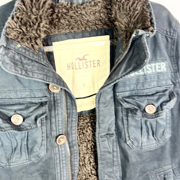 HOLLISTER | 🧥Navy Blue Brown Worn Washed Trim Furry Lining Utility Jacket Coat - Picture 9 of 14
